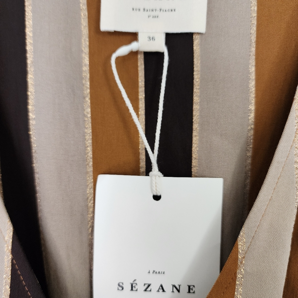 SEZANE Titiane Midi Dress, Hazel Tan & Gold Stripes, FR36/US4 - Picture 8 of 8
